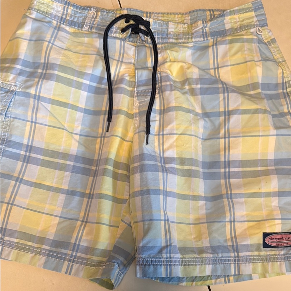 Vineyard Vines Men’s 30 Blue and Yellow Swim Trunks Classic Plaid Design